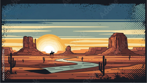 A lone cowboy rides a horse through a desert landscape at sunset with rocky formations and cacti