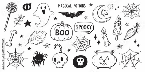 A collection of hand drawn halloween elements and spooky magical potions