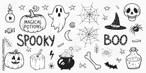 A collection of hand drawn halloween doodles and spooky elements