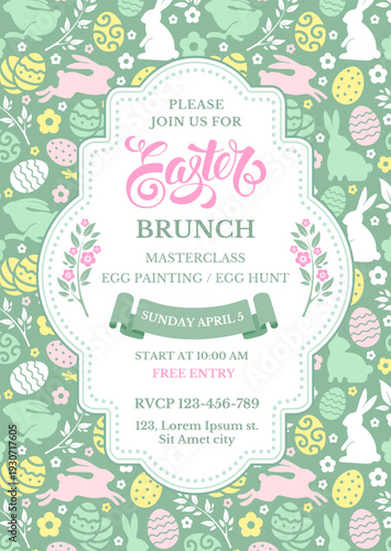 Easter Brunch invitation card template. With vintage frame on green background, Easter seamless pattern, event program, date and time. Cute design for Easter celebration. Vector illustration