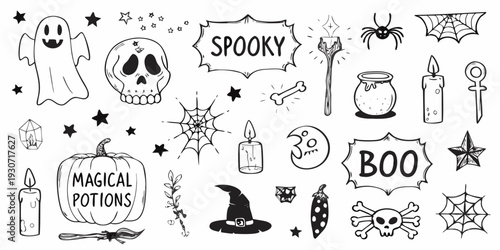 Hand drawn halloween elements including ghosts skulls and spooky potions