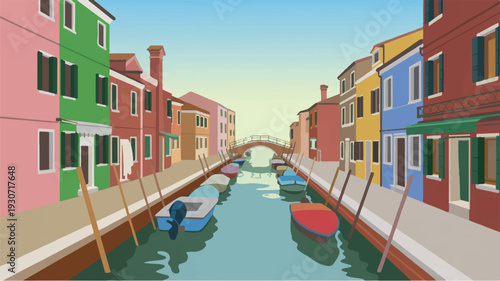 A digital illustration of a colorful canal scene in Burano, Italy (1)_traced