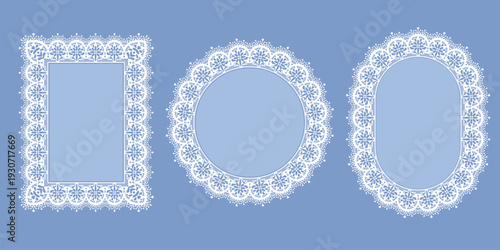 Set of seamless lace frames with floral motifs. Round, circle, rectangular backgrounds with lace edges. Cute floral design element for label, greeting card, tablecloth, napkin. Vector illustration