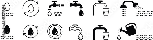 Water consumption and conservation icon set featuring faucet drops, recycling symbols, shower heads, watering cans, and plumbing symbols for environmental sustainability.