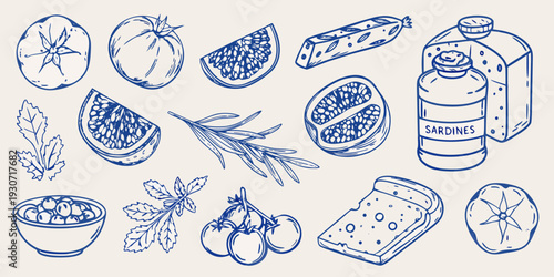 A collection of hand drawn food items including tomatoes sardines and bread
