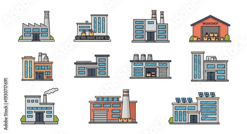 Industrial Buildings and Factories Illustration Set.