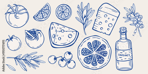 A collection of hand drawn fruits cheese and mediterranean pantry items