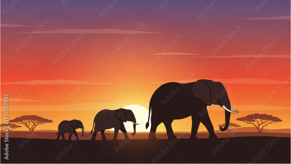 Fototapeta premium Serene sunset scene with elephants walking across savannah landscape during golden hour