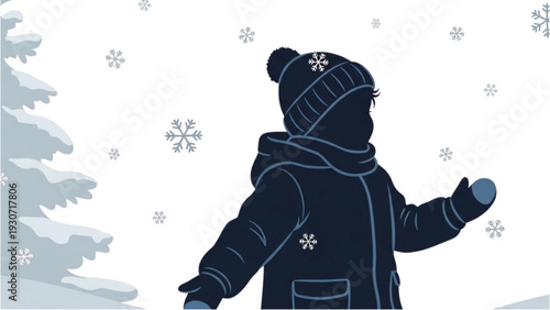 Child playing in the snow with outstretched arms catching snowflakes gently falling around