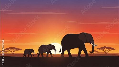 Serene sunset scene with elephants walking across savannah landscape during golden hour