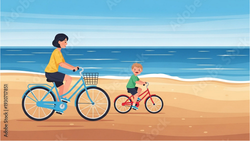 Mother and child riding bicycles together on a serene sandy beach with calm ocean waves