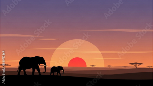 Serene savannah sunset with elephant and calf silhouetted against vibrant orange sky