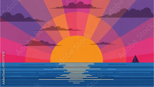 Serene sunset over calm waters with sailboat, vibrant colors, peaceful atmosphere