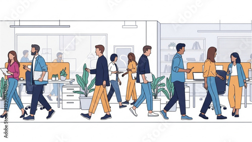 Diverse group of professionals walking in a modern office environment together in a collaborative setting from a side viewpoint