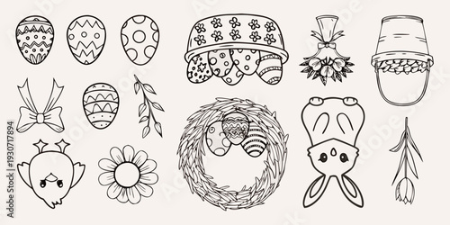 A collection of hand drawn easter themed illustrations in black and white