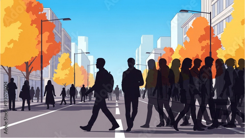 Crowd of people walking down a city street with autumn trees and tall buildings