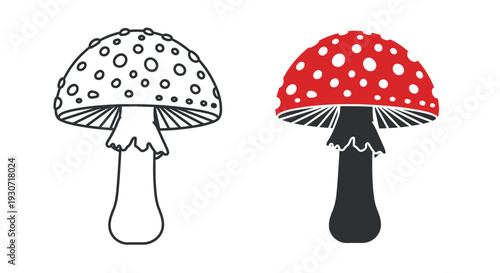 Two stylized mushrooms one black and one white in silhouette