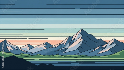 Serene mountain landscape illustration with lake and greenery at dusk from a distant viewpoint