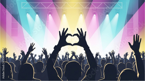 Crowd at a concert making heart shapes with hands under colorful stage lights