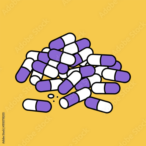 Pile of purple and white capsules scattered on a bright yellow background, simple illustration