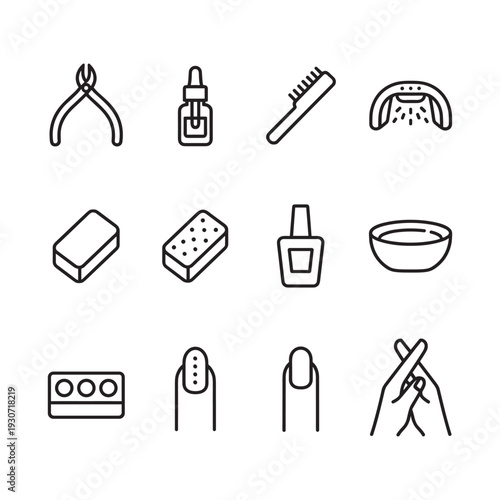 Collection of manicure and nail care icons in a clean, modern line art style