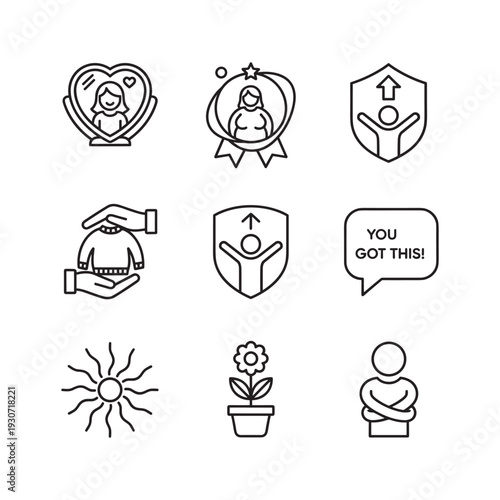 Collection of positive affirmation and self-care icons representing growth and encouragement