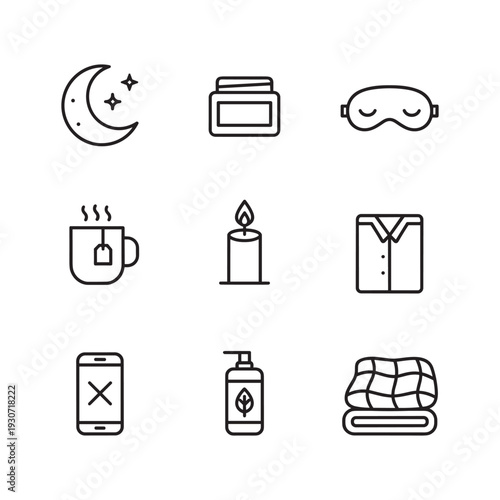 Collection of icons representing relaxation and bedtime routine elements for a peaceful night
