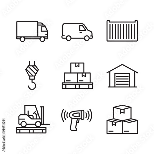 Set of logistic icons representing delivery, storage, and shipping services