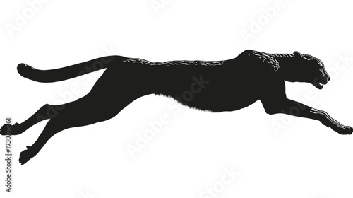 A dynamic, black silhouette of a large, predatory cat leaping powerfully across a white background
