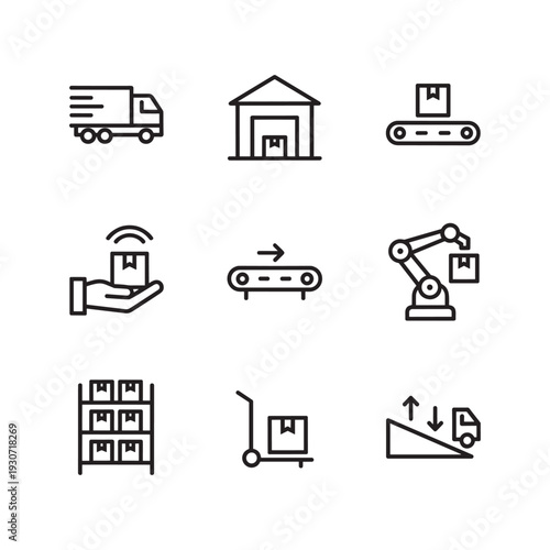 Set of logistic and warehouse icons representing delivery, storage, and automation processes
