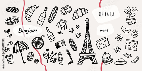A whimsical hand drawn collection of french themed illustrations