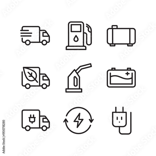 Set of icons representing different types of transportation and energy sources for vehicles
