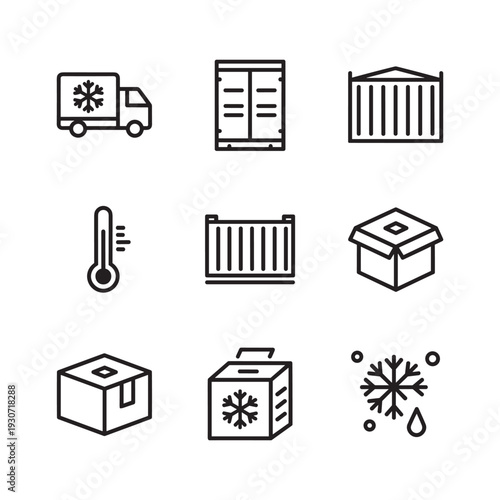 Collection of line icons representing cold chain logistics and frozen goods transportation