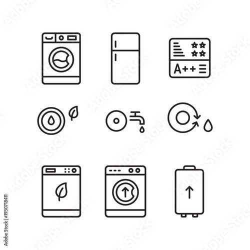 Set of icons representing energy efficiency and eco-friendly appliances for home use