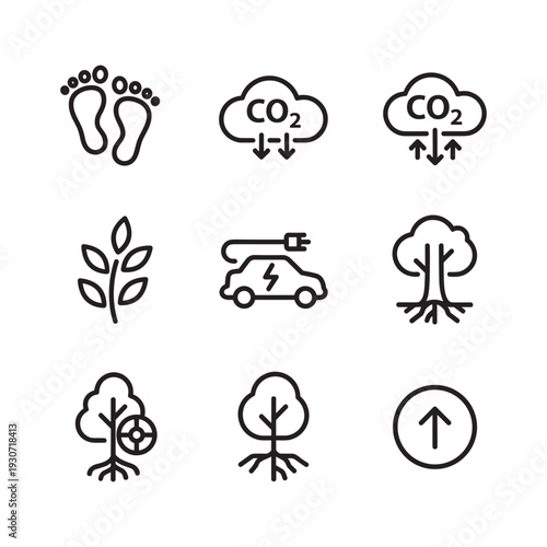 Set of environmental icons representing carbon footprint, CO2 emissions, electric car, and trees