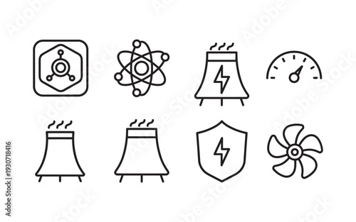 Set of clean line icons representing nuclear power generation and energy concepts