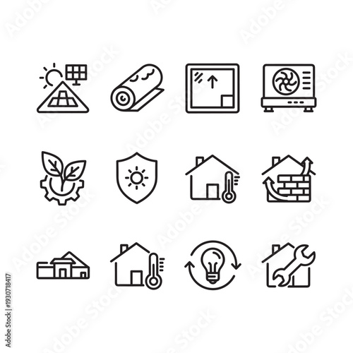 Set of icons representing sustainable home energy efficiency and renewable resources