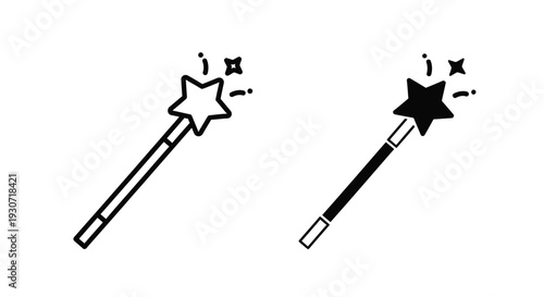 Two magic wands with star tips one outlined and one solid silhouette