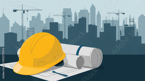 A digital illustration of a construction and architecture theme with a yellow hard hat resting on top of rolled blueprints in the foreground (1)_traced