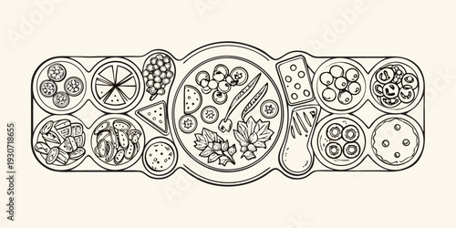 A decorative line drawing of a table filled with various foods