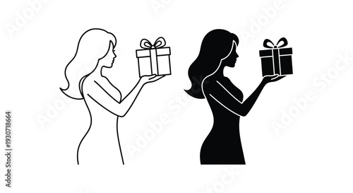 Woman presenting a gift shown in both line art and silhouette
