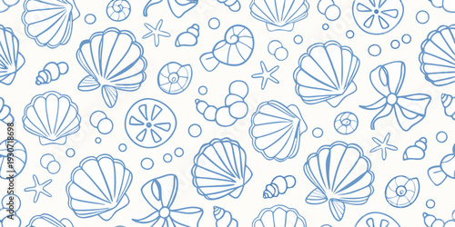 Seamless pattern of blue line drawing seashells and starfish