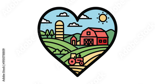 Heart shaped landscape with farm elements and a sunny sky silhouette