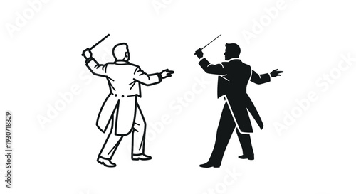 Two conductors depicted in contrasting styles one as a silhouette