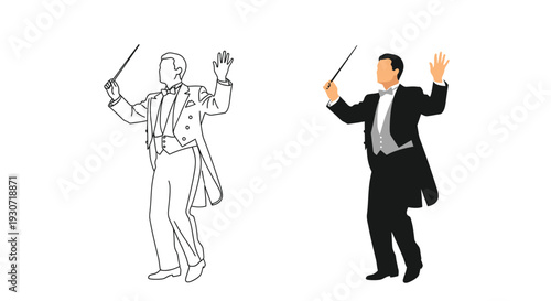 A conductor leading an orchestra shown in contrasting styles silhouette