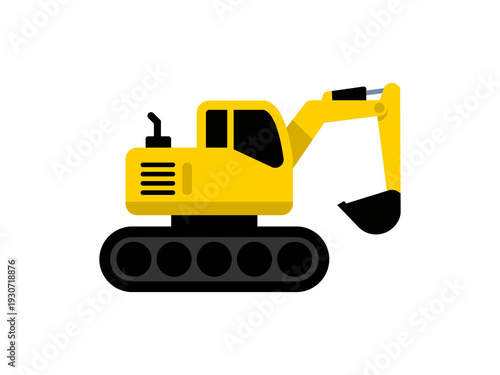 A clean, minimalist flat illustration of a yellow hydraulic excavator on crawler tracks. The design features bold colors and simplified geometric shapes, commonly used for icons.