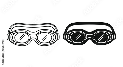 Two pairs of swimming goggles presented in a stark black silhouette