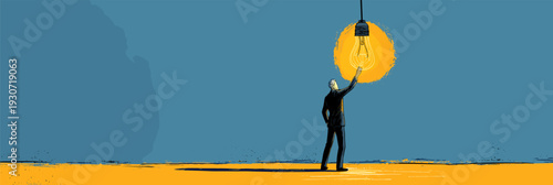 Businessman reaching for a glowing light bulb, symbolizing new ideas and innovation. Businessman holding light bulb representing creative idea