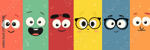 Cheerful cartoon faces on a colorful background expressing various emotions and concepts. Cartoon faces showing emotions and different personalities