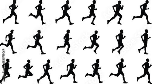 Silhouette running cycle profiles, athlete motion sequence, human stride biomechanics, sports training icons, cad drawing flat vector illustration for animation and design